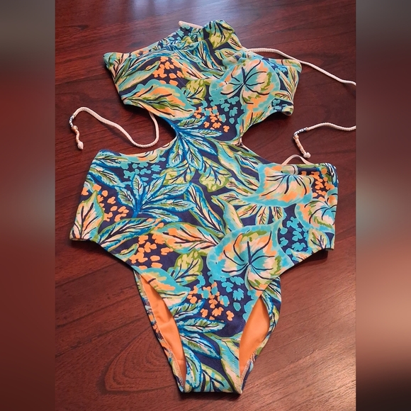NWT Aerie Blue And Orange Halter Neck Cut Out Full Coverage One Piece UPF 50
